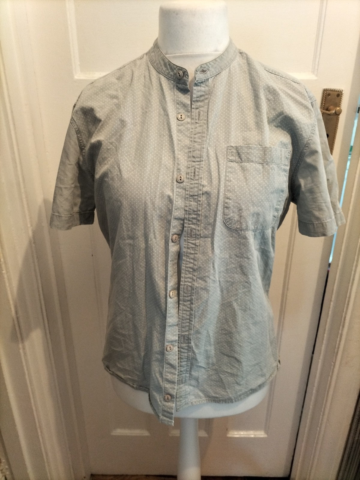Mens River Island Size M Grey And White Dotty Shirt Short Sleeve