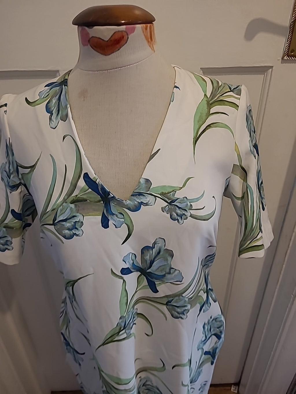 Ladies Marks And Spencer Size 14R White Green Blue Floral Short Sleeved Long...