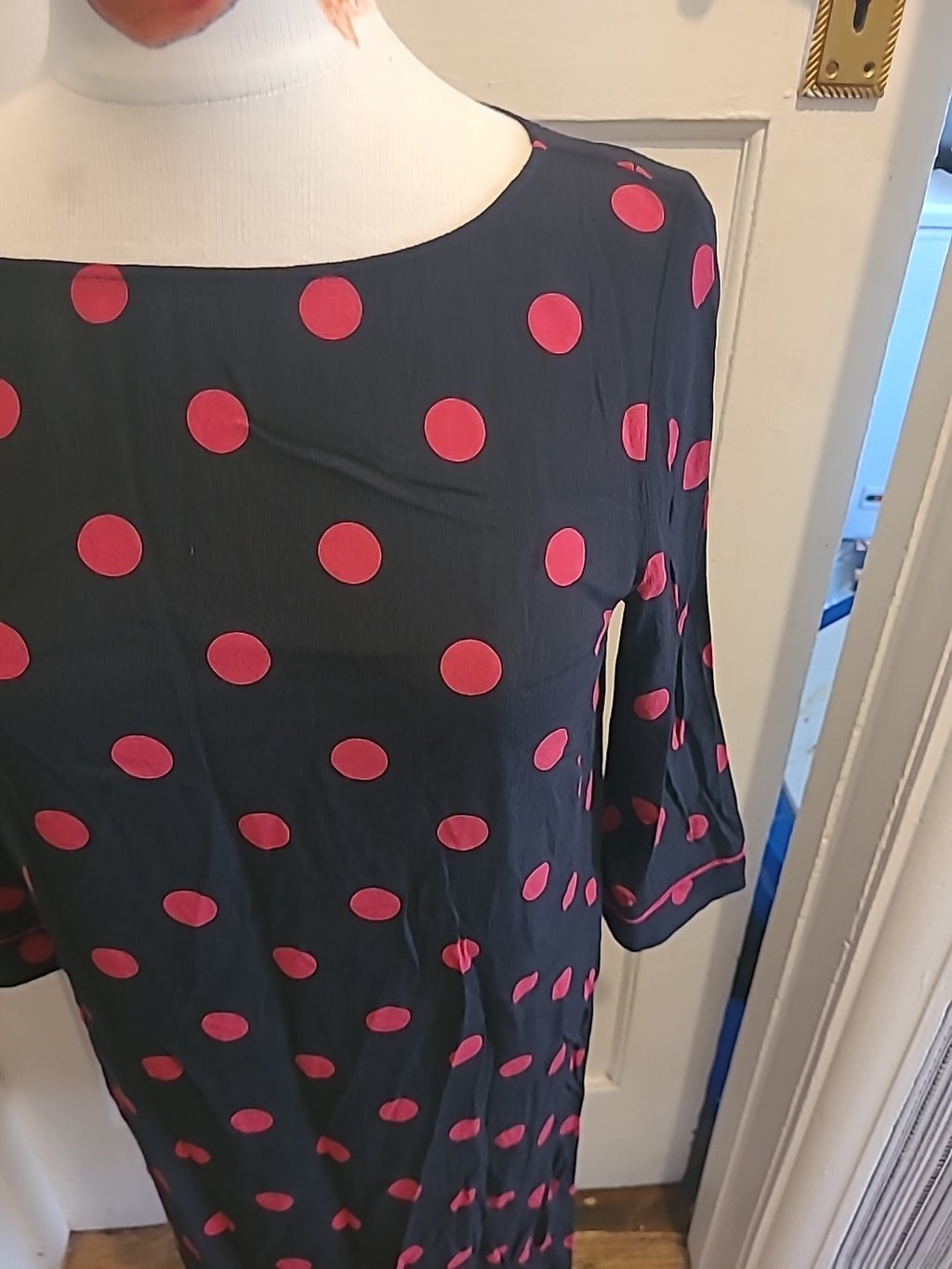 Ladies Next Size 12 Black/Pink Spotted Mid Sleeved Dress