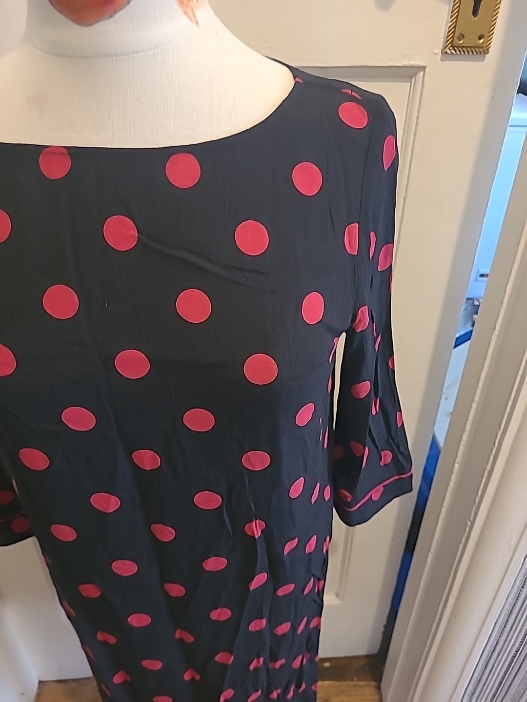 Ladies Next Size 12 Black/Pink Spotted Mid Sleeved Dress