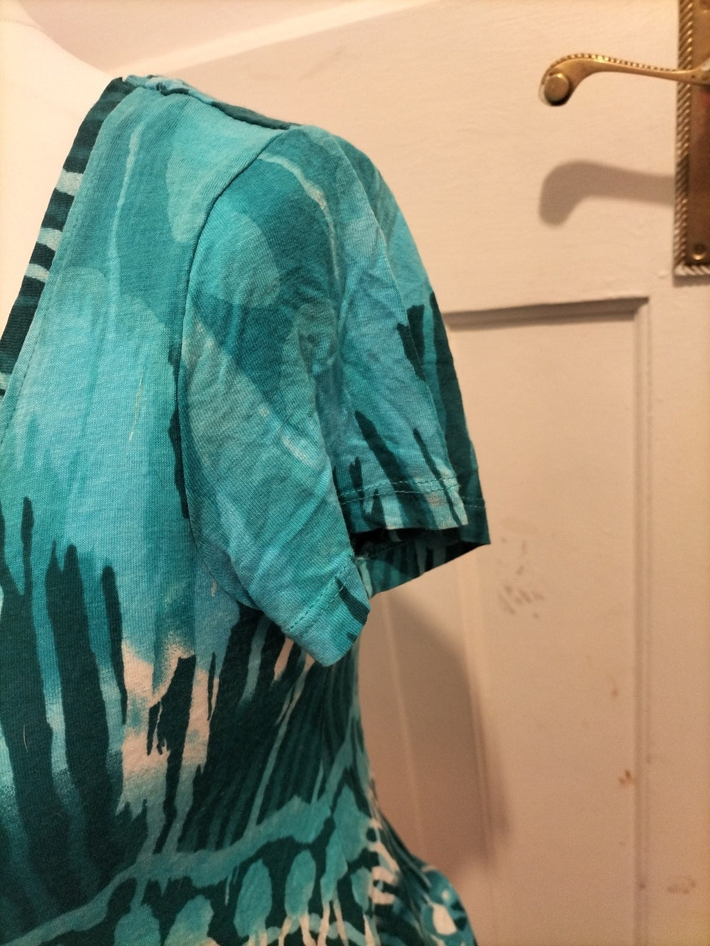 Ladies Per Una Size 12 Turquoise Blue Patterned Short Sleeved Blouse