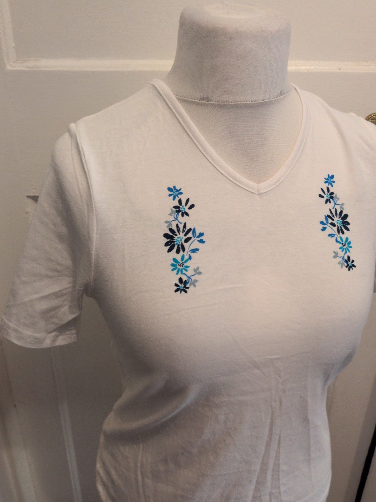 Anne De Lancay Small White With Blue Short Sleeve Blouse T-shirt