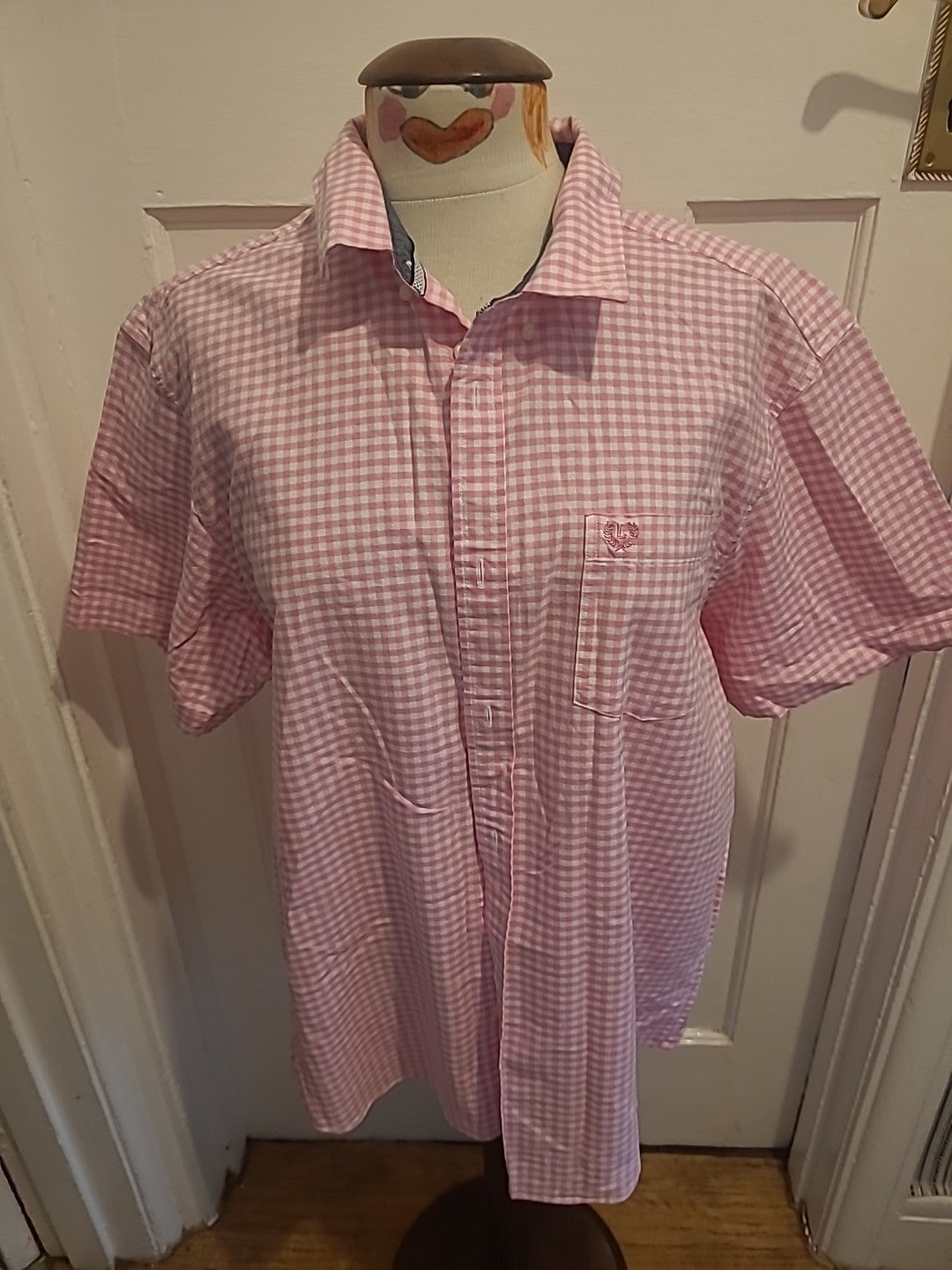 Mens Lincoln Size Large Pink With White Check Short Sleeve Shirt