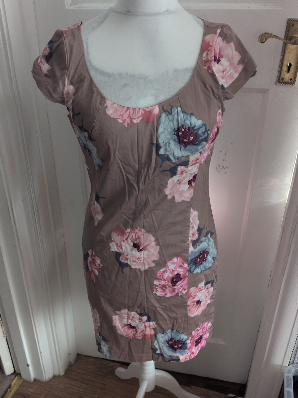 Oasis 14 Pale Brown Floral Sleeveless Lined Dress Midi