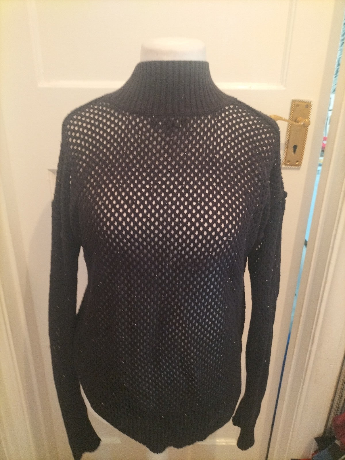 Ladies Next Size 10 Black Lace Knit Long Sleeved Pullover Jumper With Silver