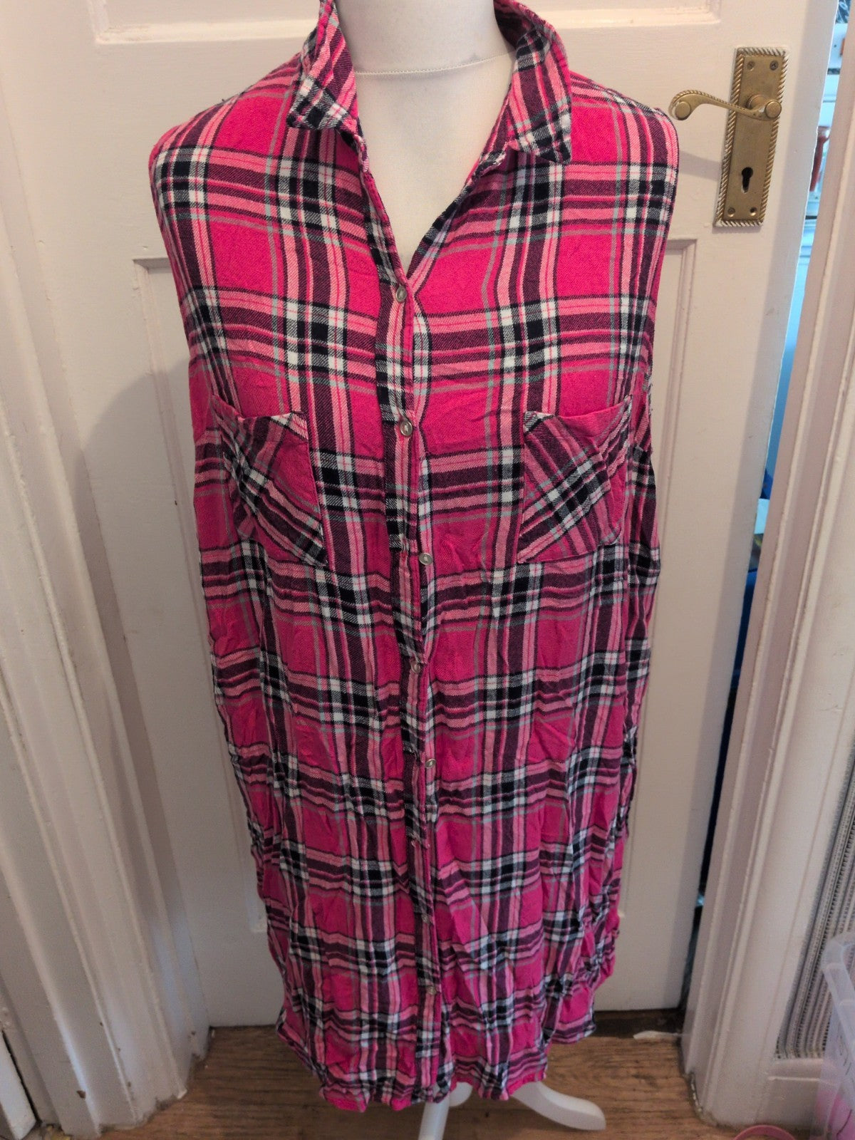 Marks And Spencer 20 Pink Check Collared Sleeveless Buttoned Dress