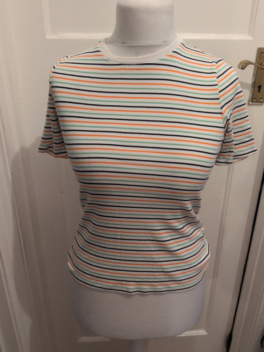 M&S Collection 10 Orange White Green Navy Striped T-shirt Short Sleeve