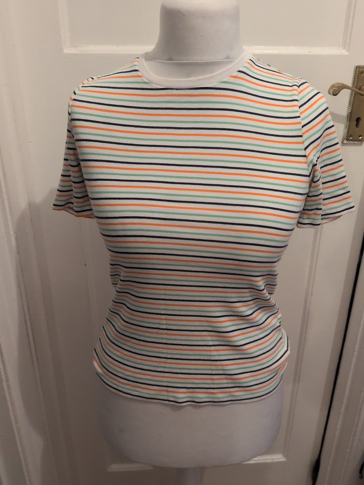 M&S Collection 10 Orange White Green Navy Striped T-shirt Short Sleeve