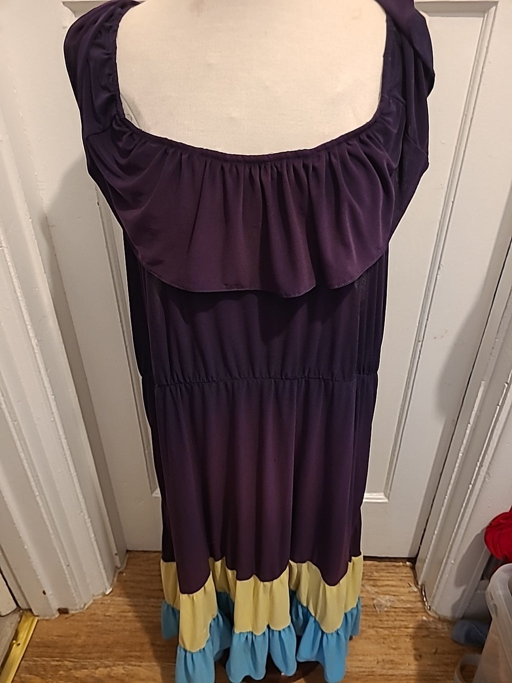 Ladies Wardrobe Size XL Yellow/Blue/Purple Sleeveless Flare Dress