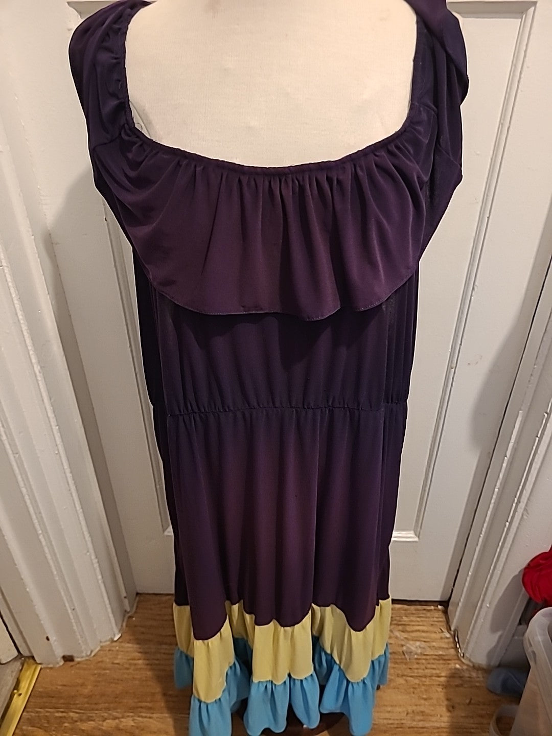 Ladies Wardrobe Size XL Yellow/Blue/Purple Sleeveless Flare Dress