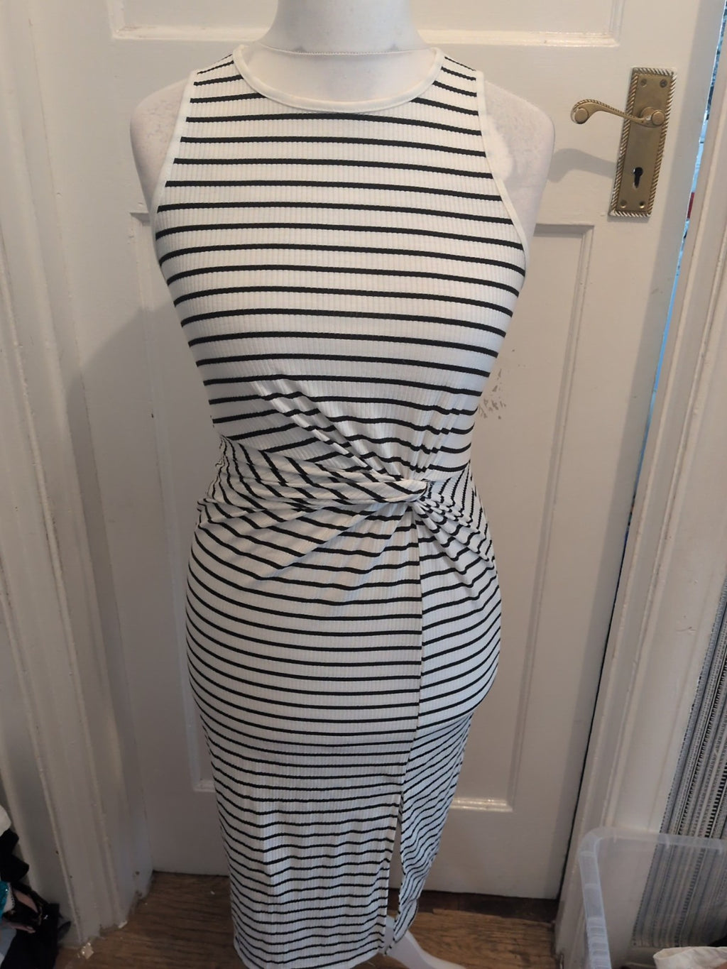 Medium Black And White Striped Split Hem Sleeveless Dress