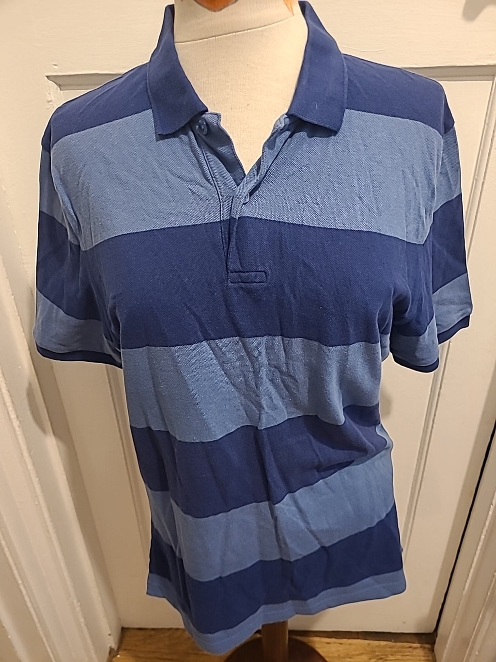 Mens M&S Size M Reg 2 Tone Navy Short Sleeved Striped Polo