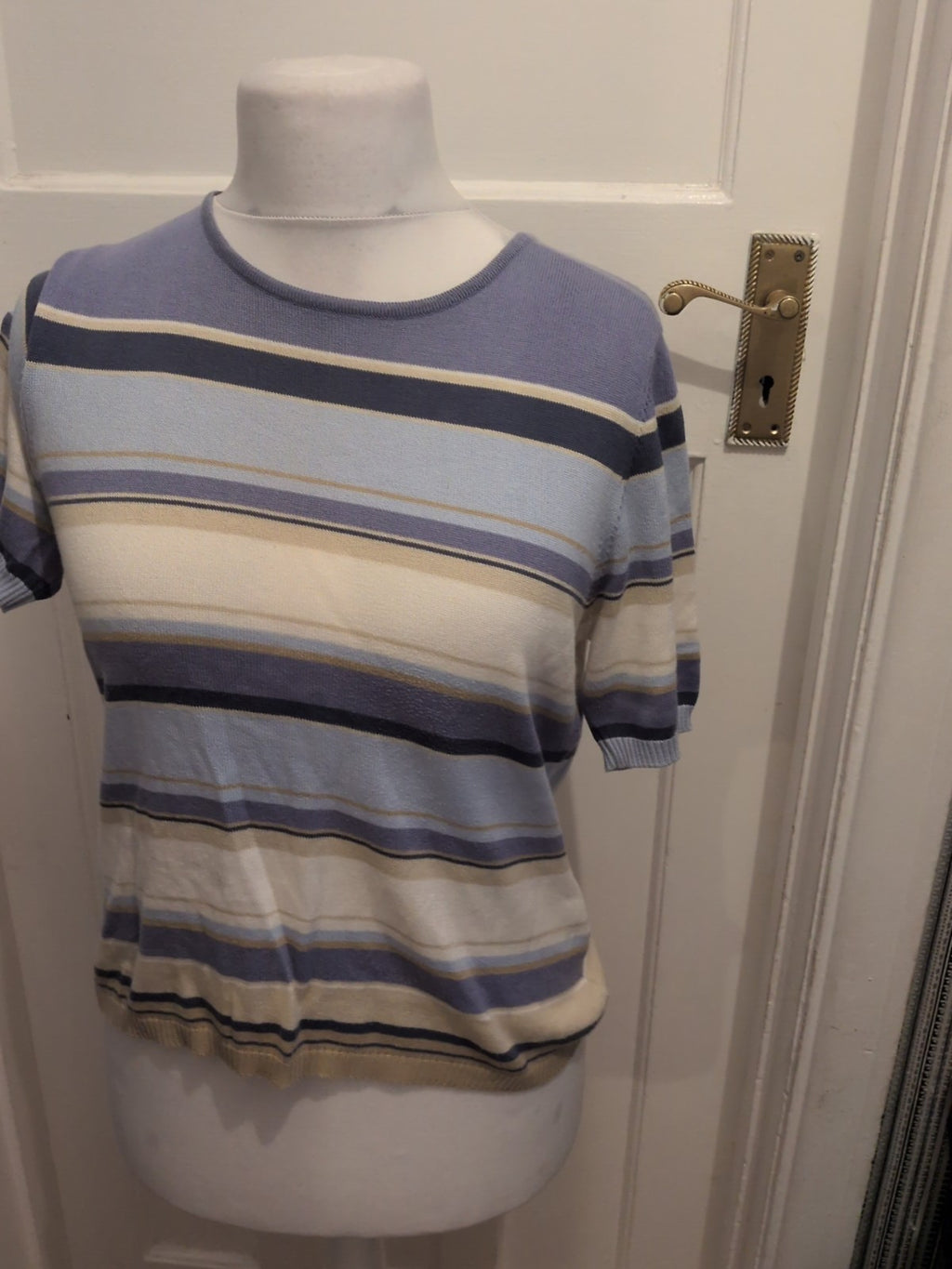 Jaeger 14 Blue White Brown Short Sleeve Blouse