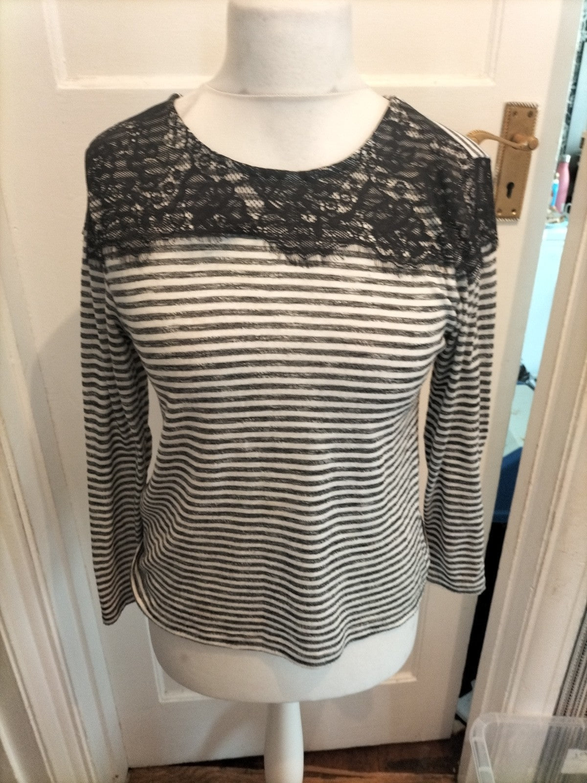 Primark 12 Grey White Striped With Black Lace Long Sleeve Blouse