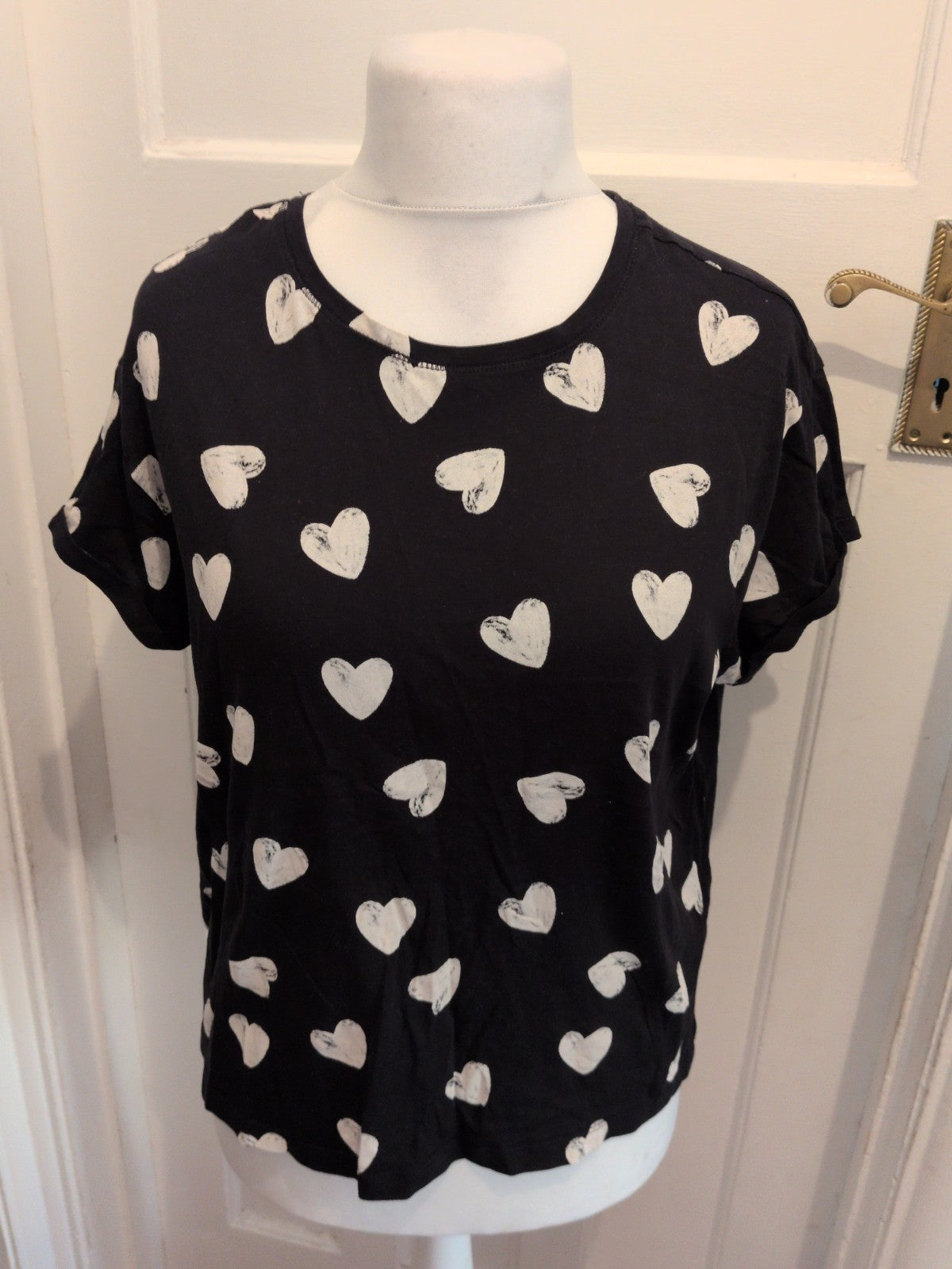 Marks And Spencer Large Black With White Hearts Short Sleeve Pyjama Top