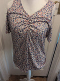 2XL Purple Floral Open Shoulder Short Sleeve Blouse