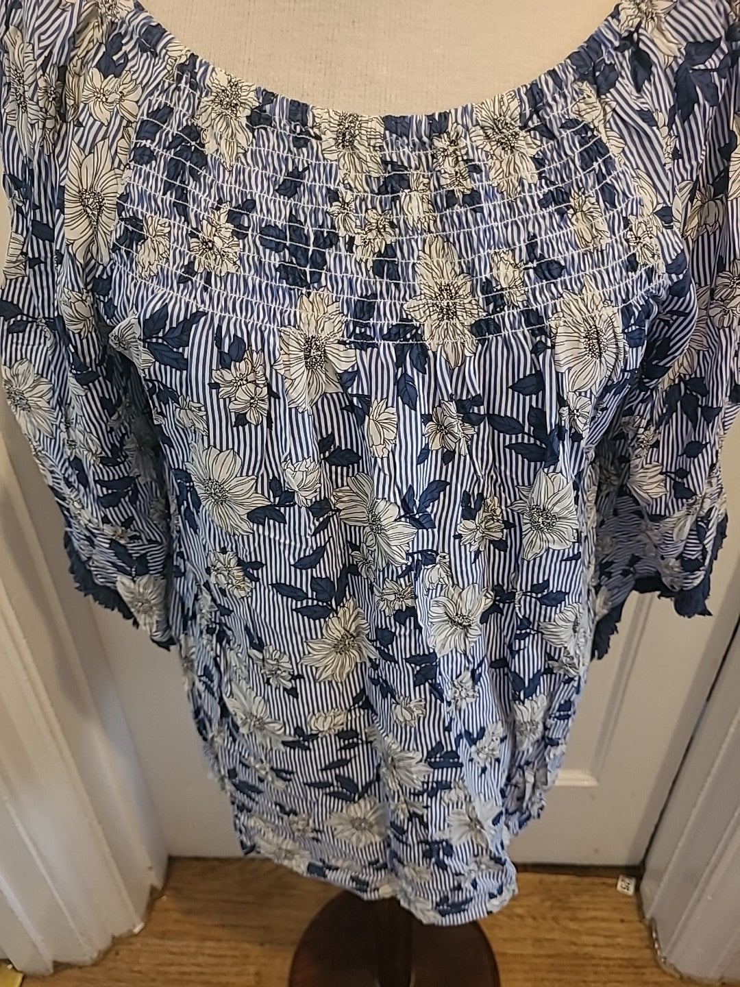 Ladies Klass Size 14 Blue Navy White Stripe Floral Mid Sleeved Elasticated...