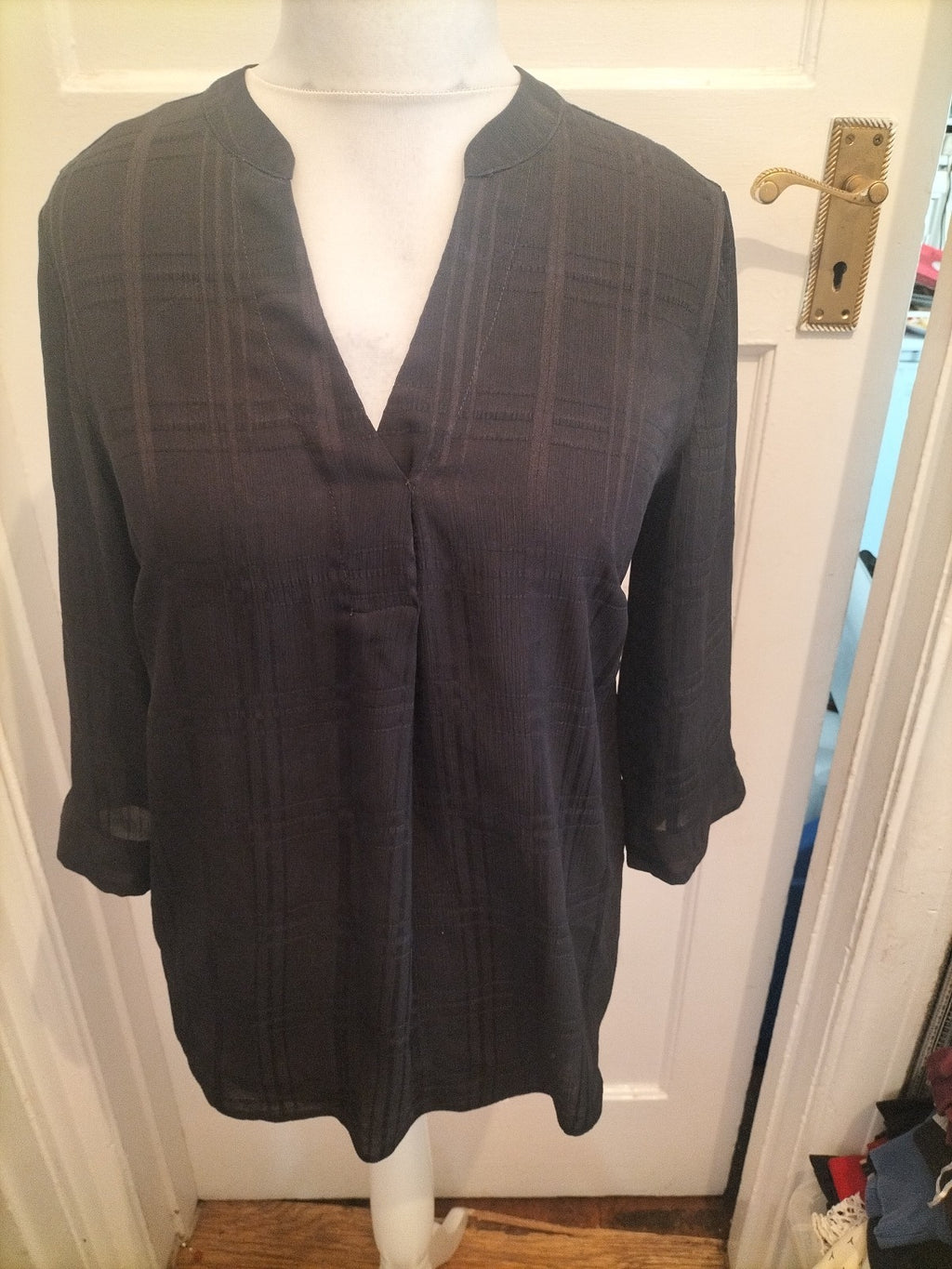Nutmeg 12 Black Faint Check Blouse V Neck Long Sleeve