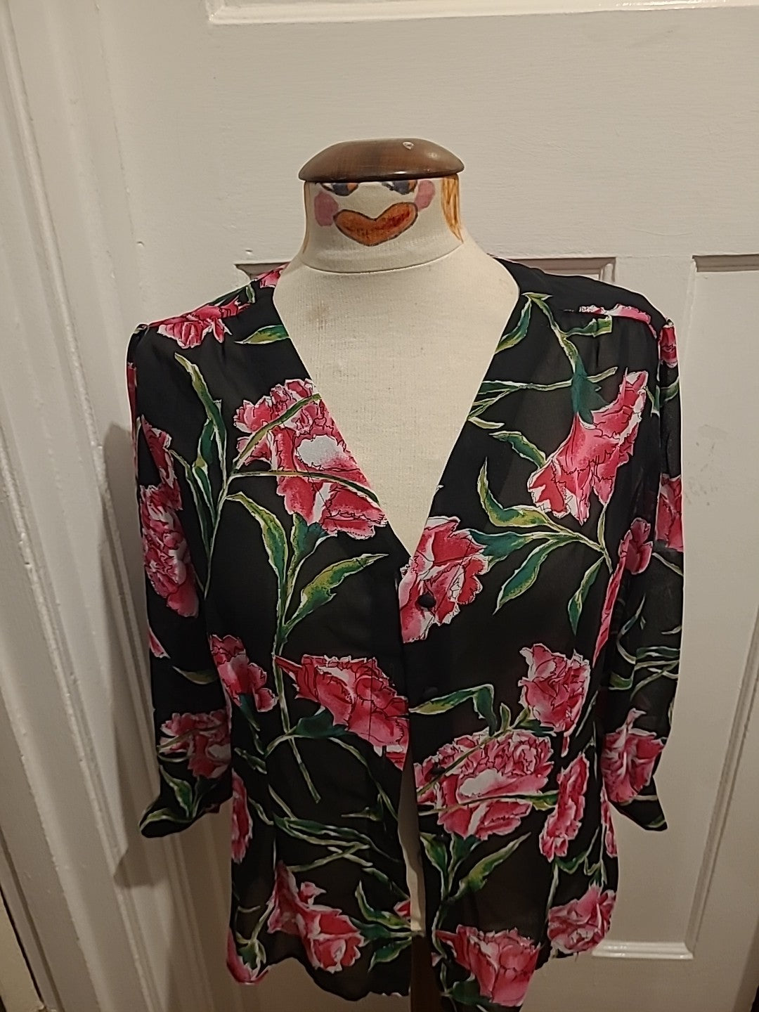 Ladies Size Large Cerise Black Floral Buttoned Blouse