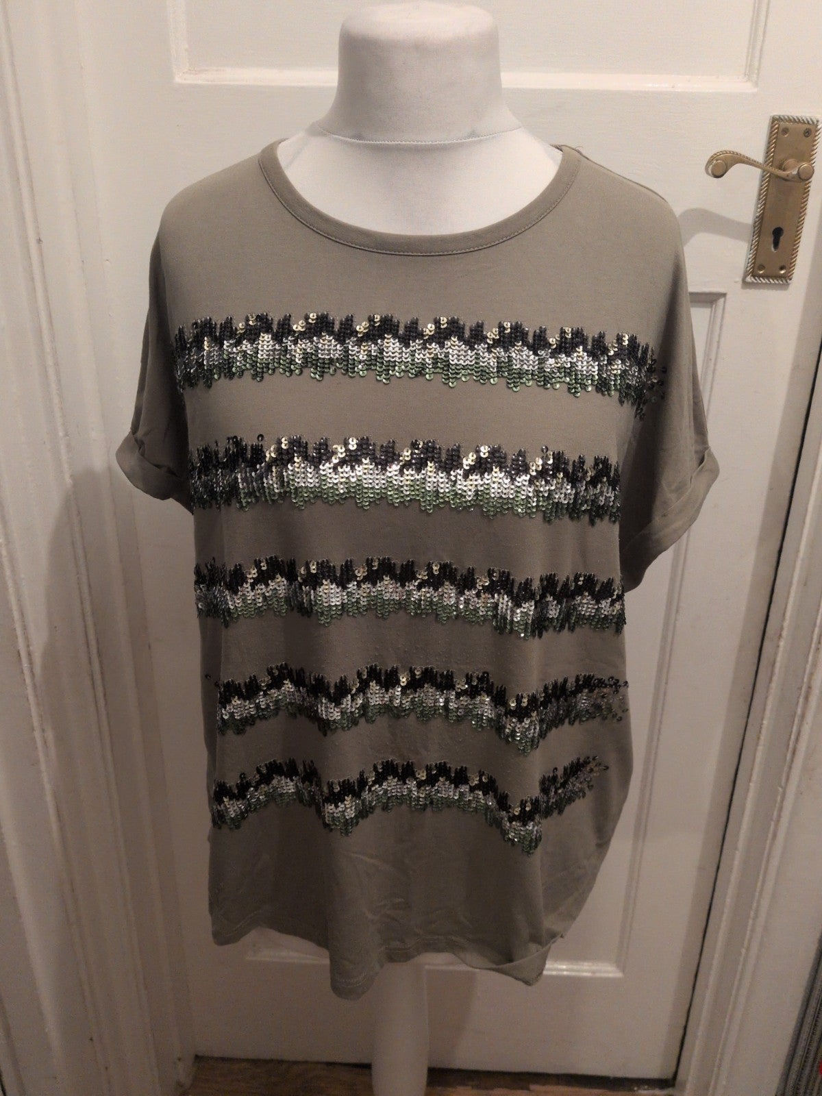 Ladies Next Size 16 Green With Sequins Short Sleeve T-shirt