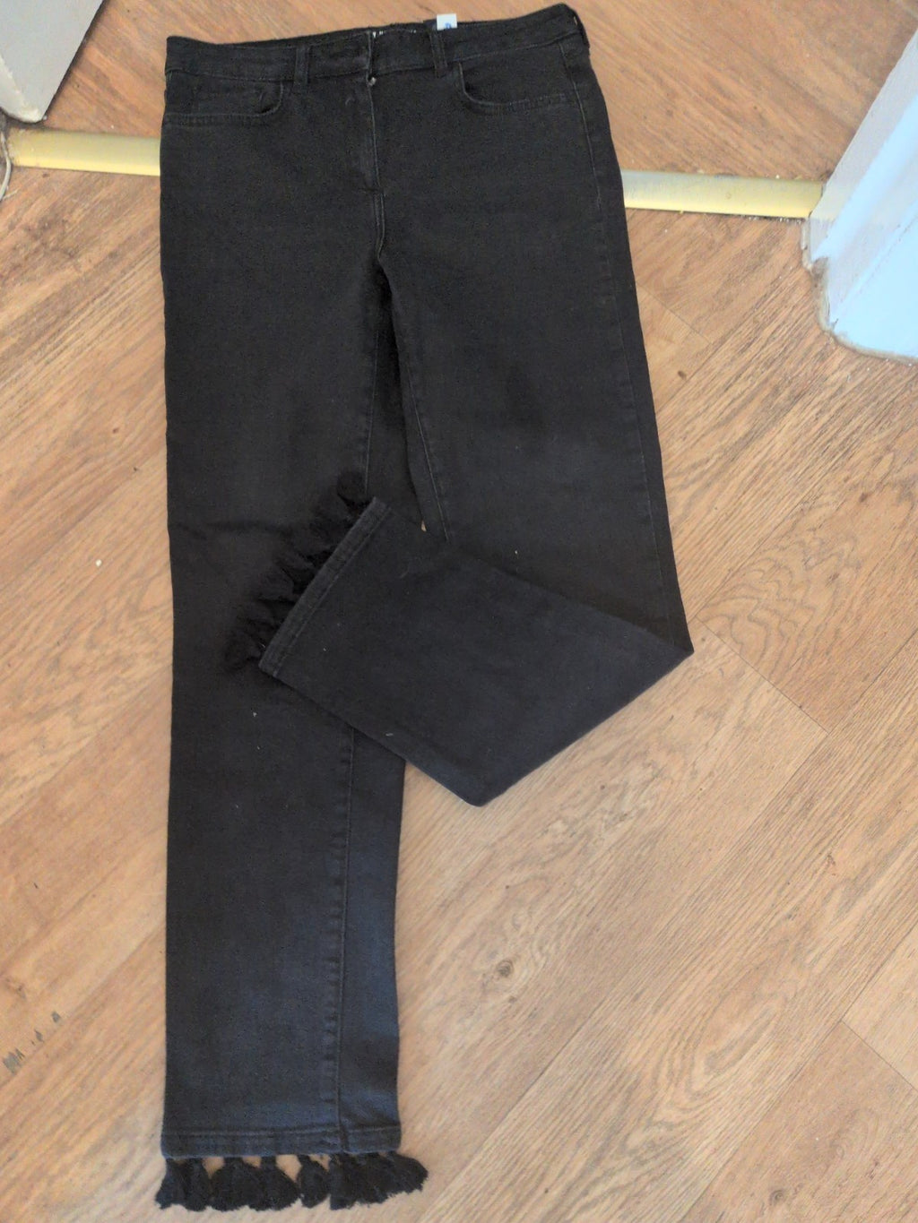Ladies Next Size 12 Long Straight Tassled Hem Black Jeans