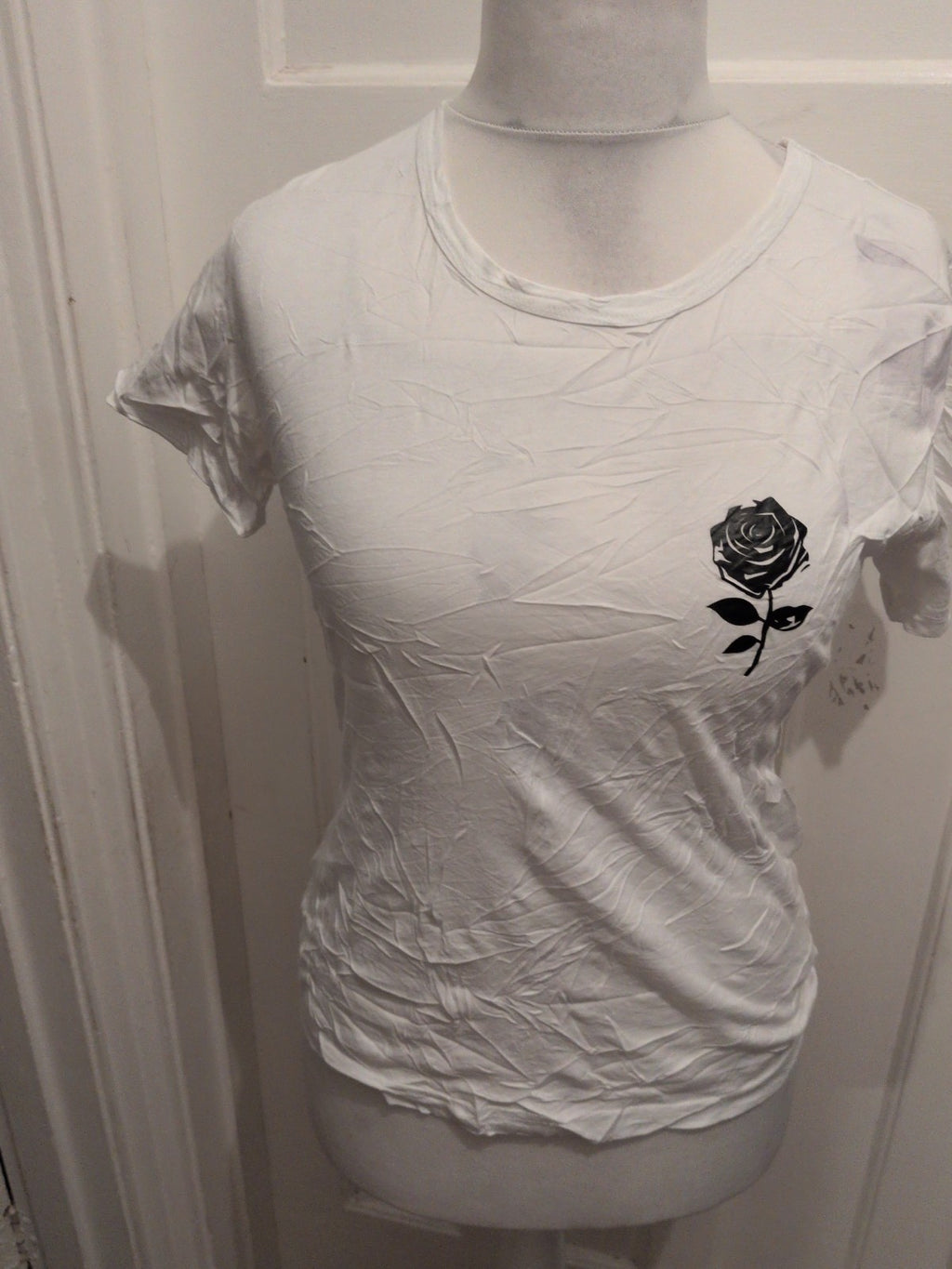 Shein Small White With Black Rose Short Sleeve T-shirt Ladies