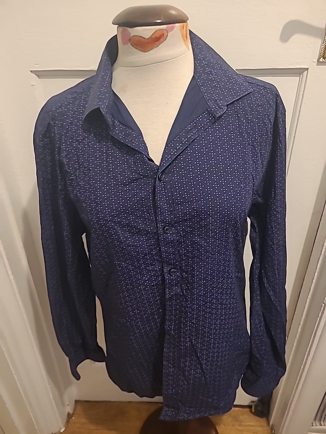 Mens Salt Size Medium(39-40) Slim Fit Navy Blue Dot Long Sleeved Shirt