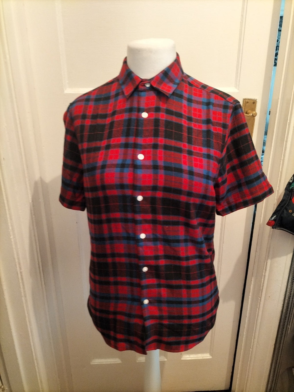Mens Asos Size Medium Navy And Red Check Short Sleeved Shirt