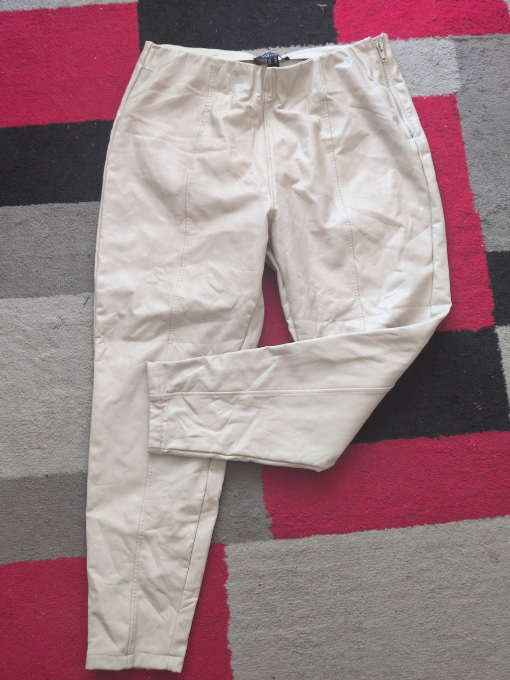New Look 16 Petite Pale Stone Pleather Trousers Pull On
