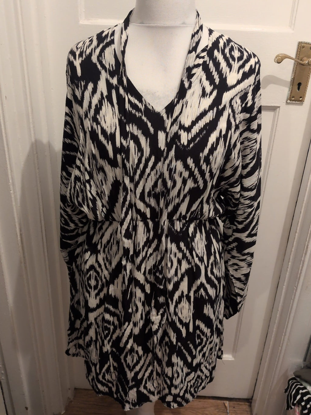 TU 12 Black And Ivory Streak Fit And Flare Dress Midi Long Sleeve