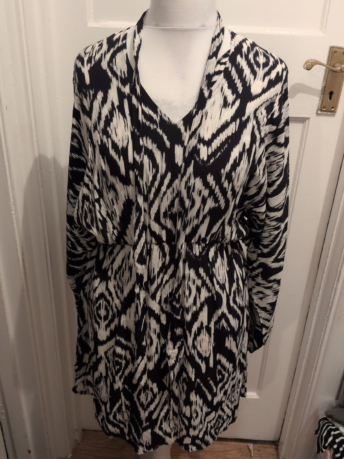 TU 12 Black And Ivory Streak Fit And Flare Dress Midi Long Sleeve