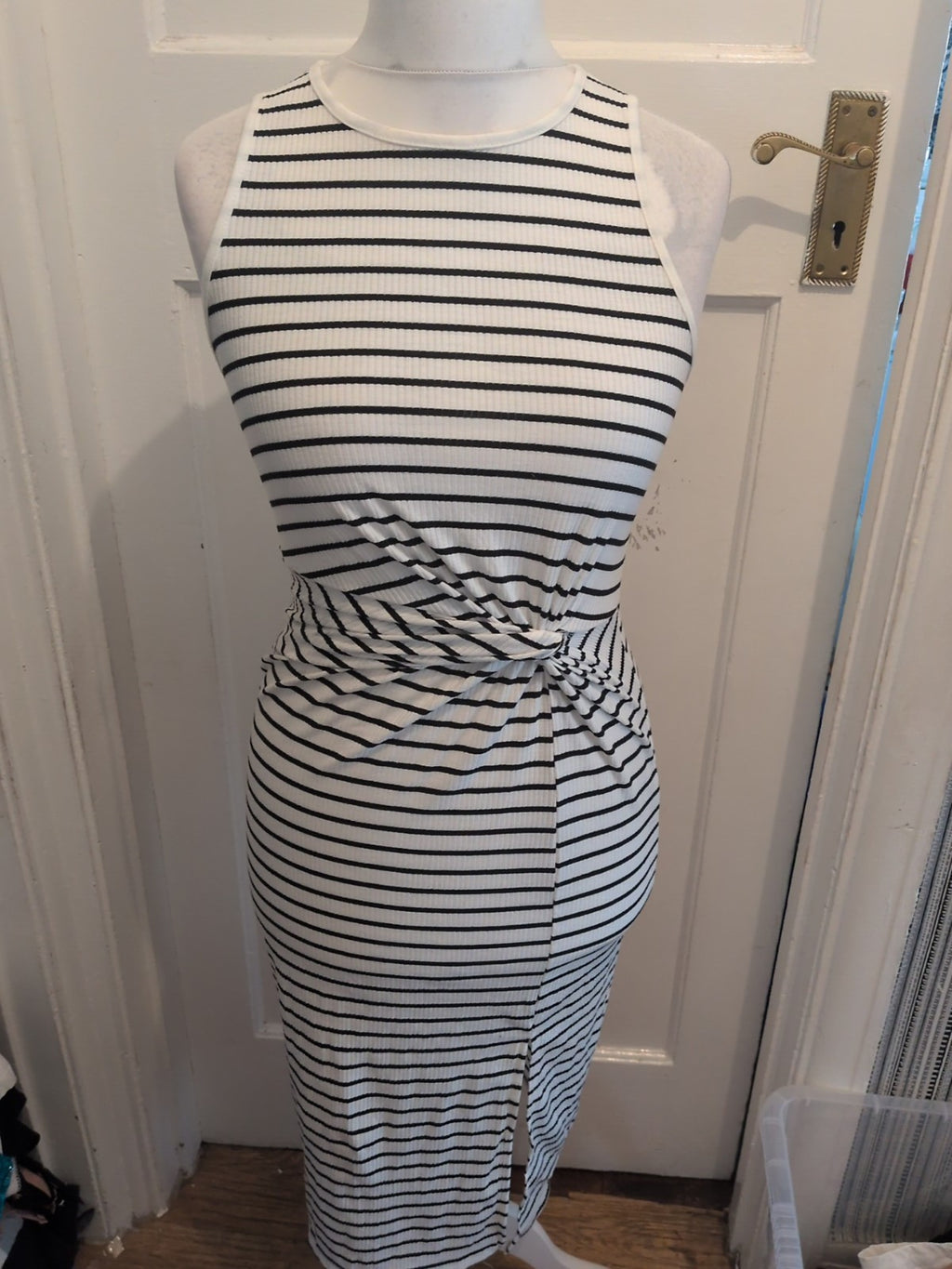 Medium Black And White Striped Split Hem Sleeveless Dress