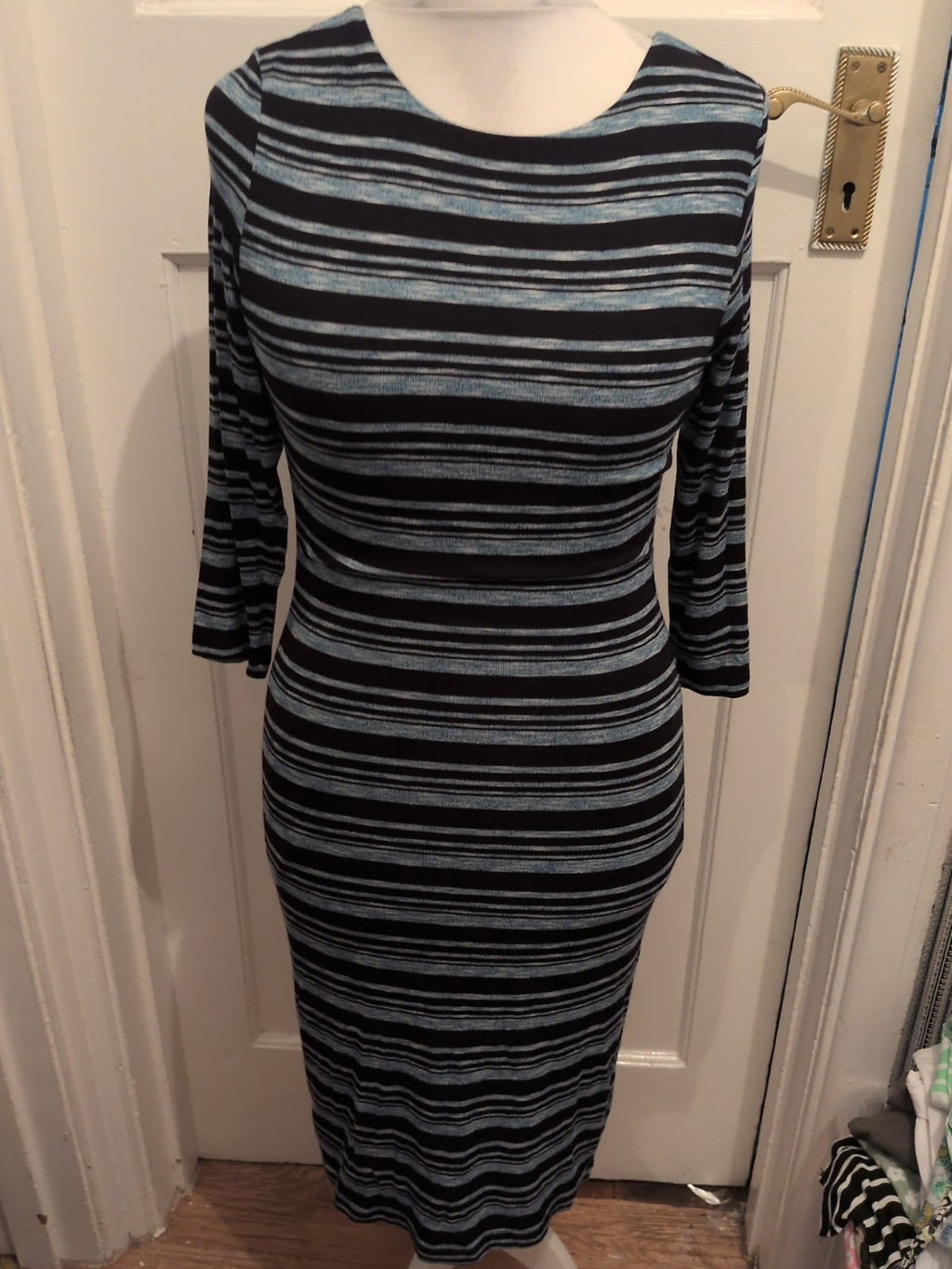 M&S Collection Aqua And Black Stripe 3/4 Sleeve Dress 10