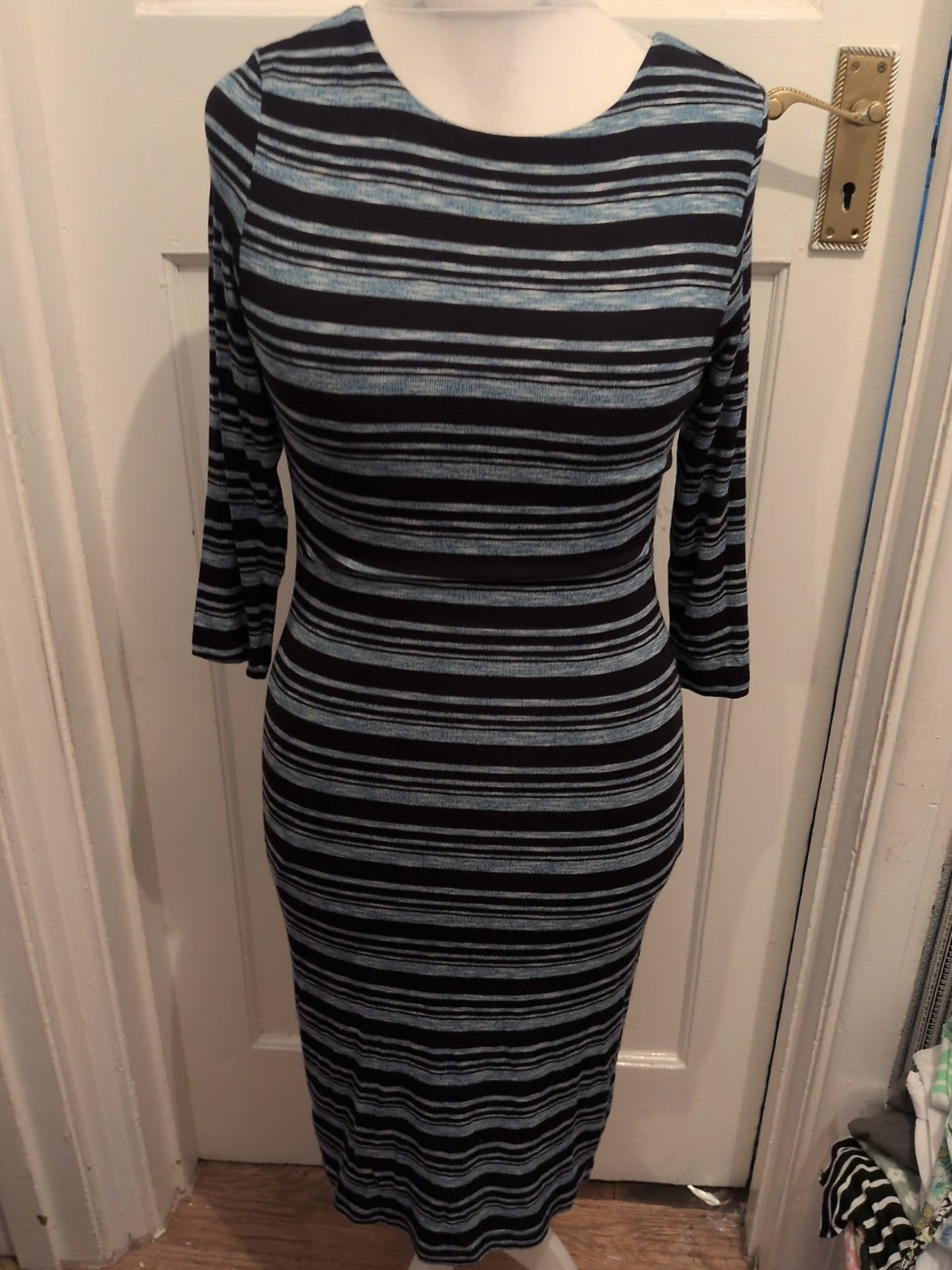 M&S Collection Aqua And Black Stripe 3/4 Sleeve Dress 10