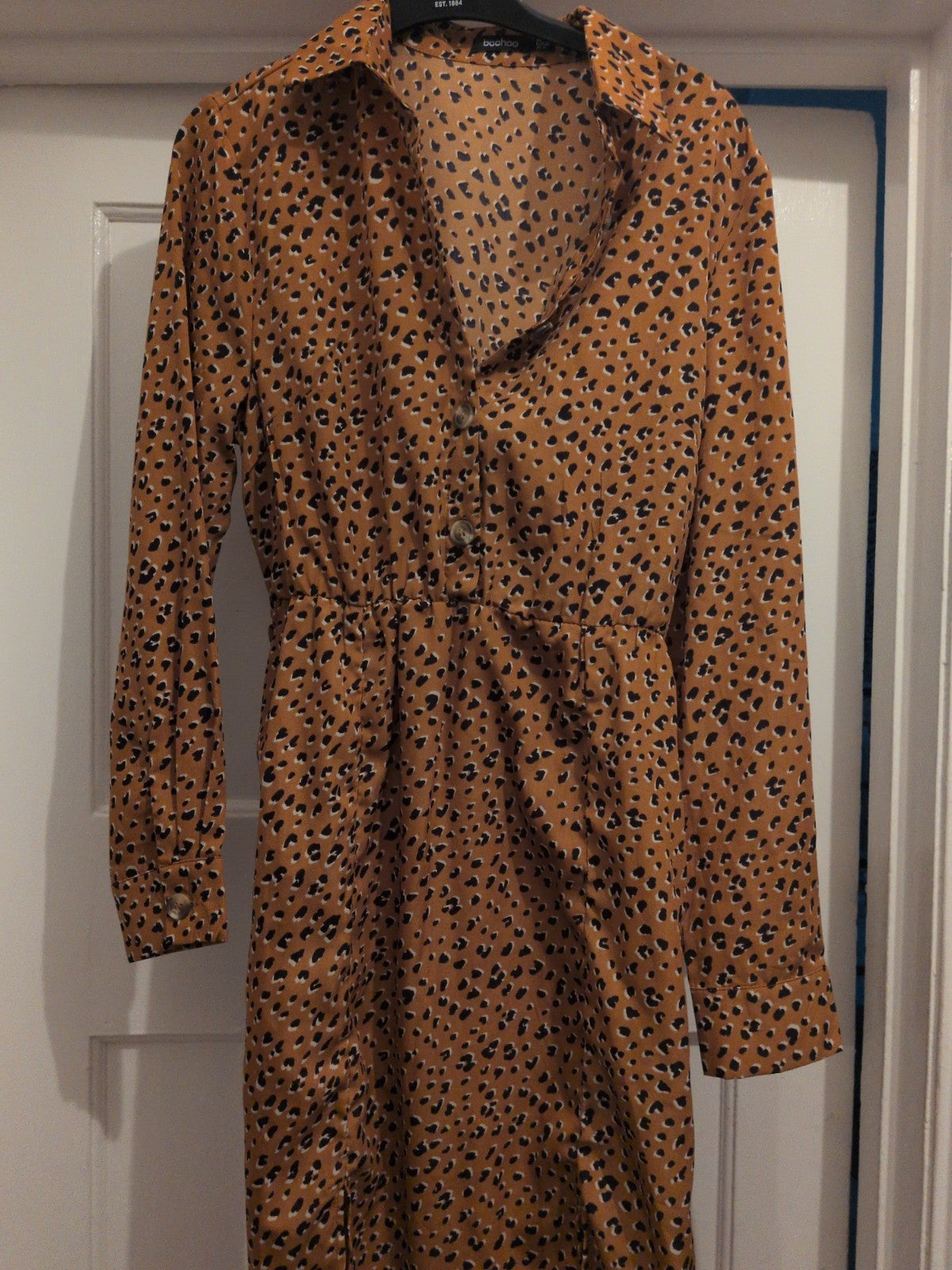 Boohoo 12 Orange Leopard Print Collared Fit And Flare Dress