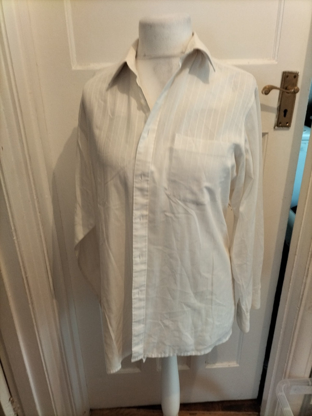 Mens Canda Size 15.5 Ivory Striped Long Sleeved Shirt Slight Marked Neck