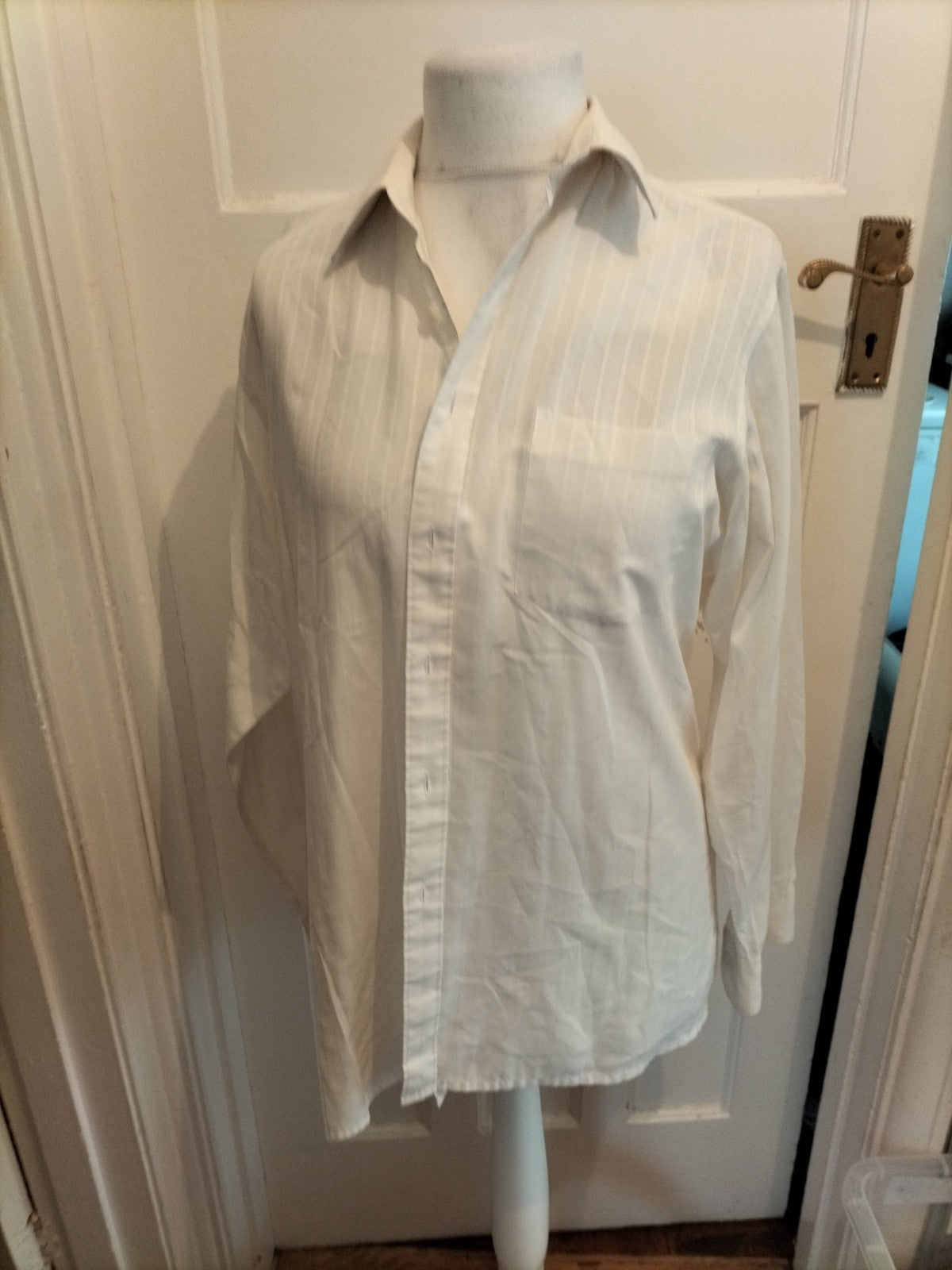 Mens Canda Size 15.5 Ivory Striped Long Sleeved Shirt Slight Marked Neck