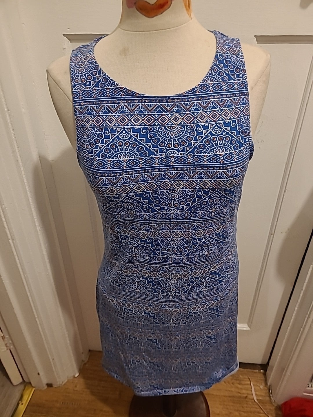 Ladies New Look Size 16 Blue With Orange And White Aztec Sleeveless Dress