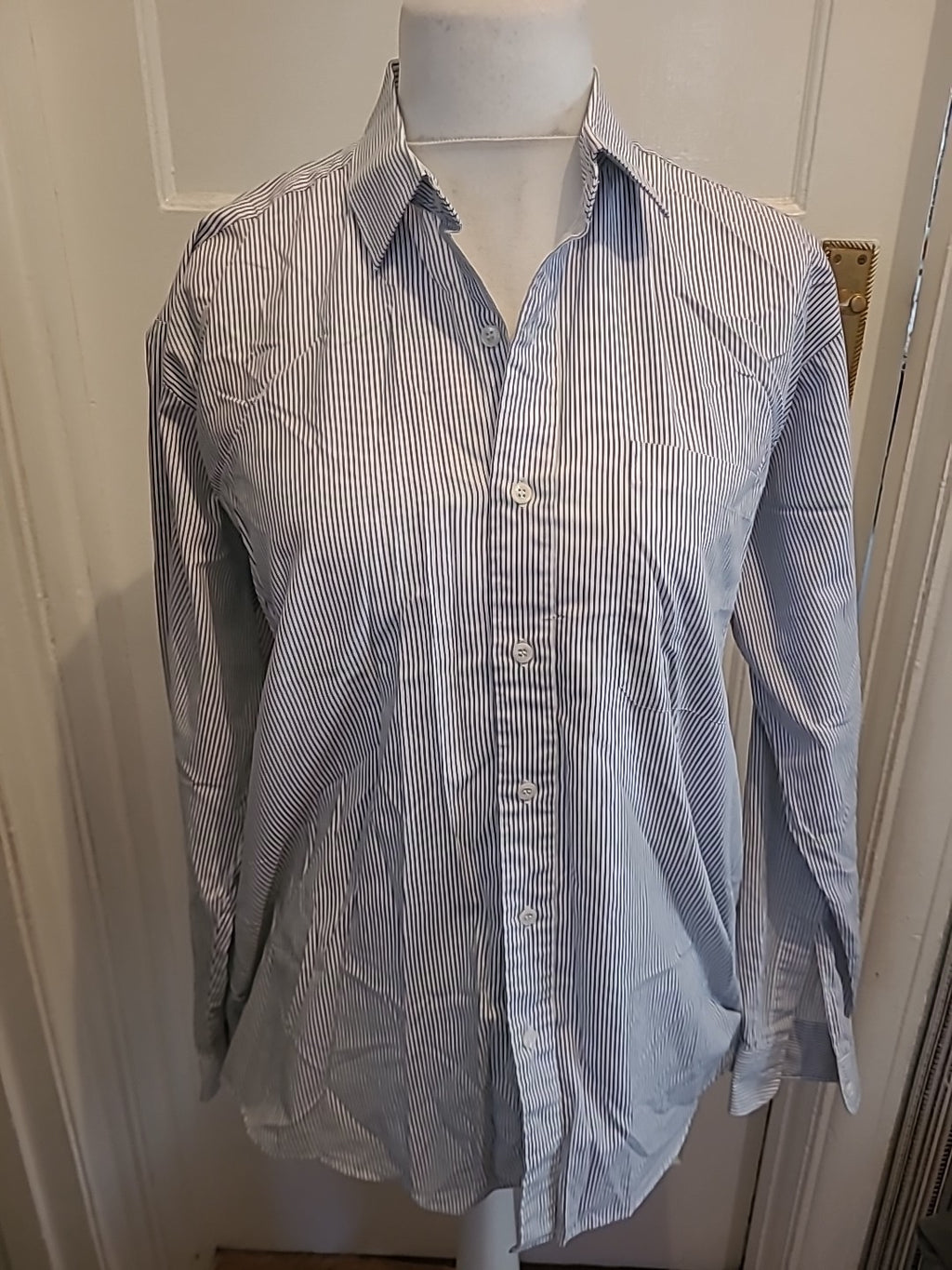 Mens BHS Size 16.5 Navy And White Striped Long Sleeved Shirt