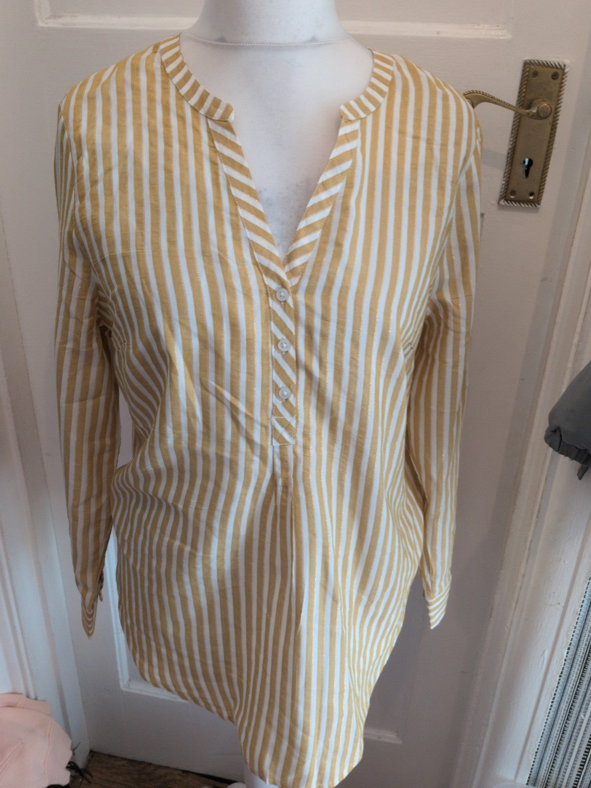 George 14 Yellow Gold And White Stripe Long Sleeve Blouse