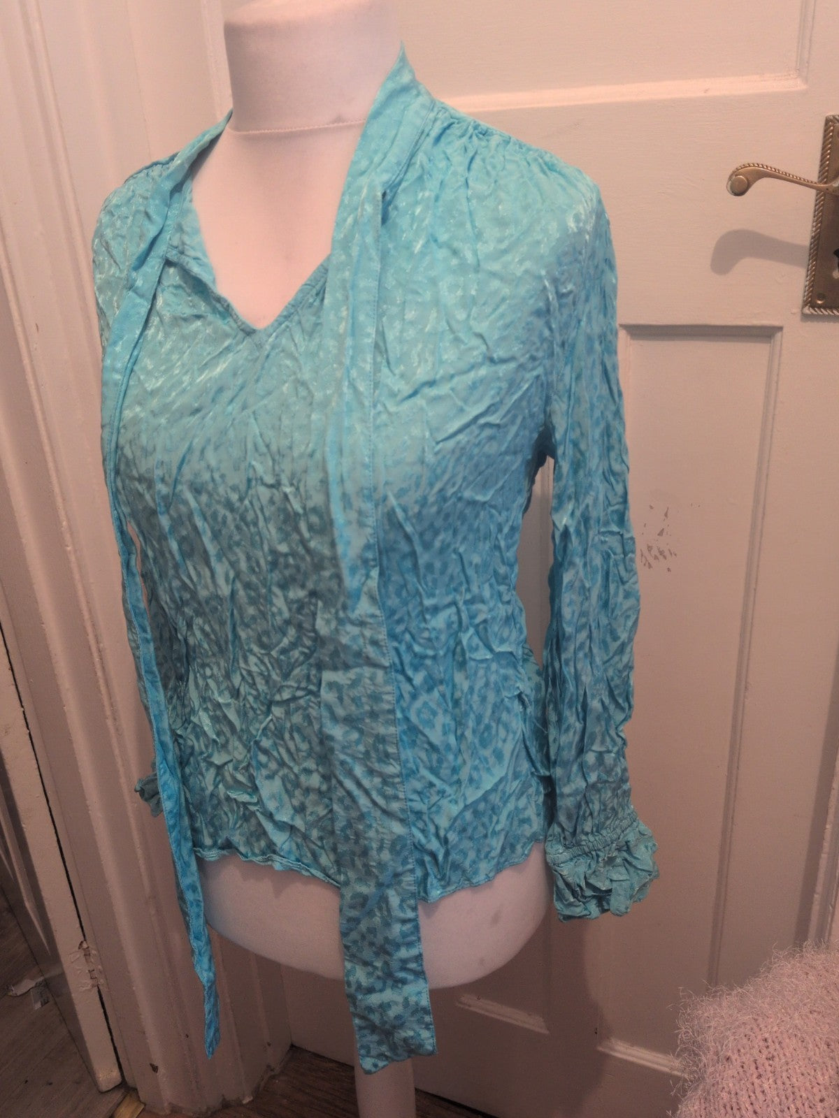 River Island 14 Aqua Patterned V Neck Long Sleeve Blouse
