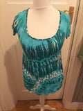 Ladies Per Una Size 12 Turquoise Blue Patterned Short Sleeved Blouse