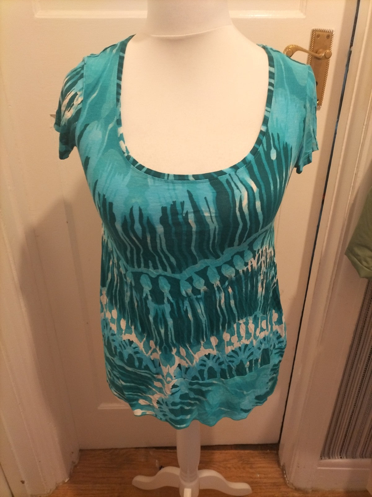 Ladies Per Una Size 12 Turquoise Blue Patterned Short Sleeved Blouse