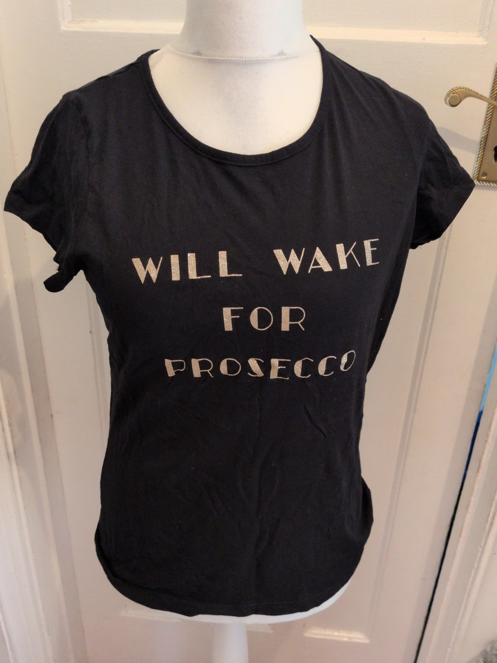F&F 12-14 Black Short Sleeve "Will Wake For Prosecco" Pyjama Top