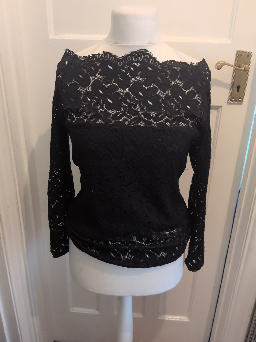 4XL Black Floral Lace Lined Long Sleeve Blouse