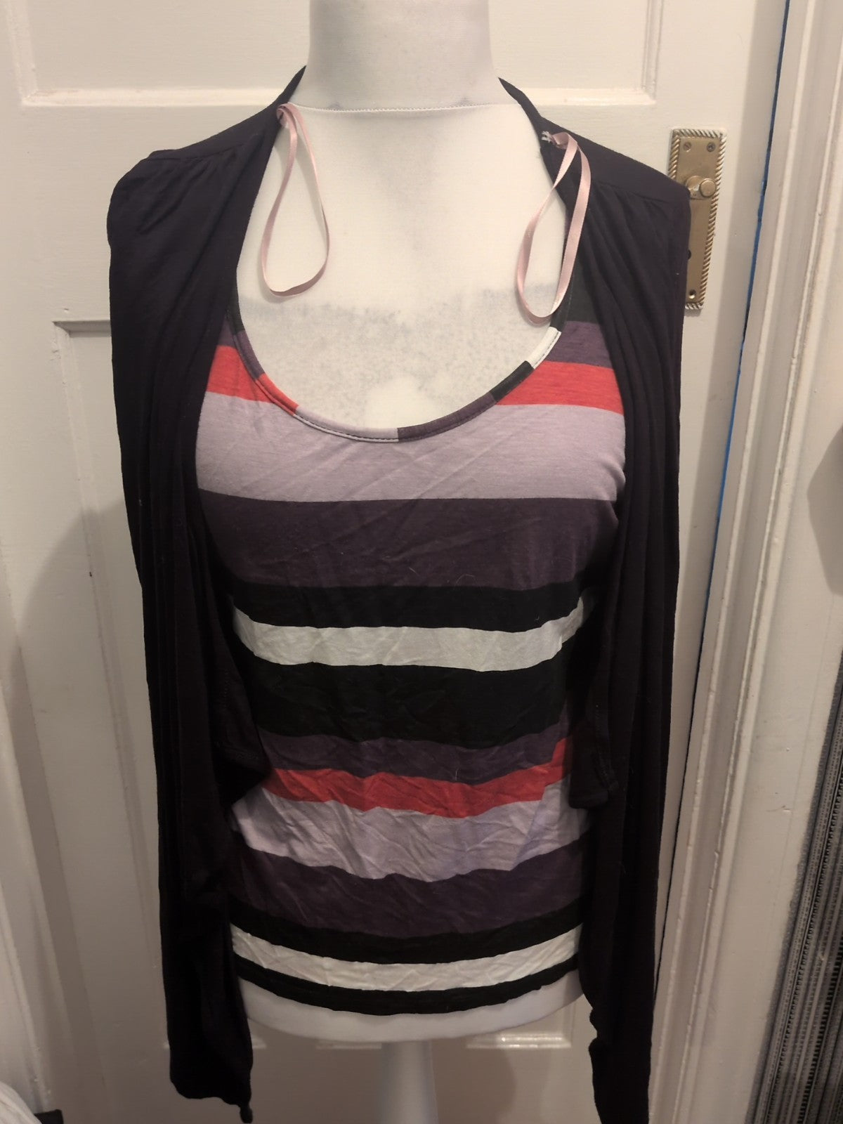 Soon 16 Black With Multi Stripe Short Sleeve Blouse