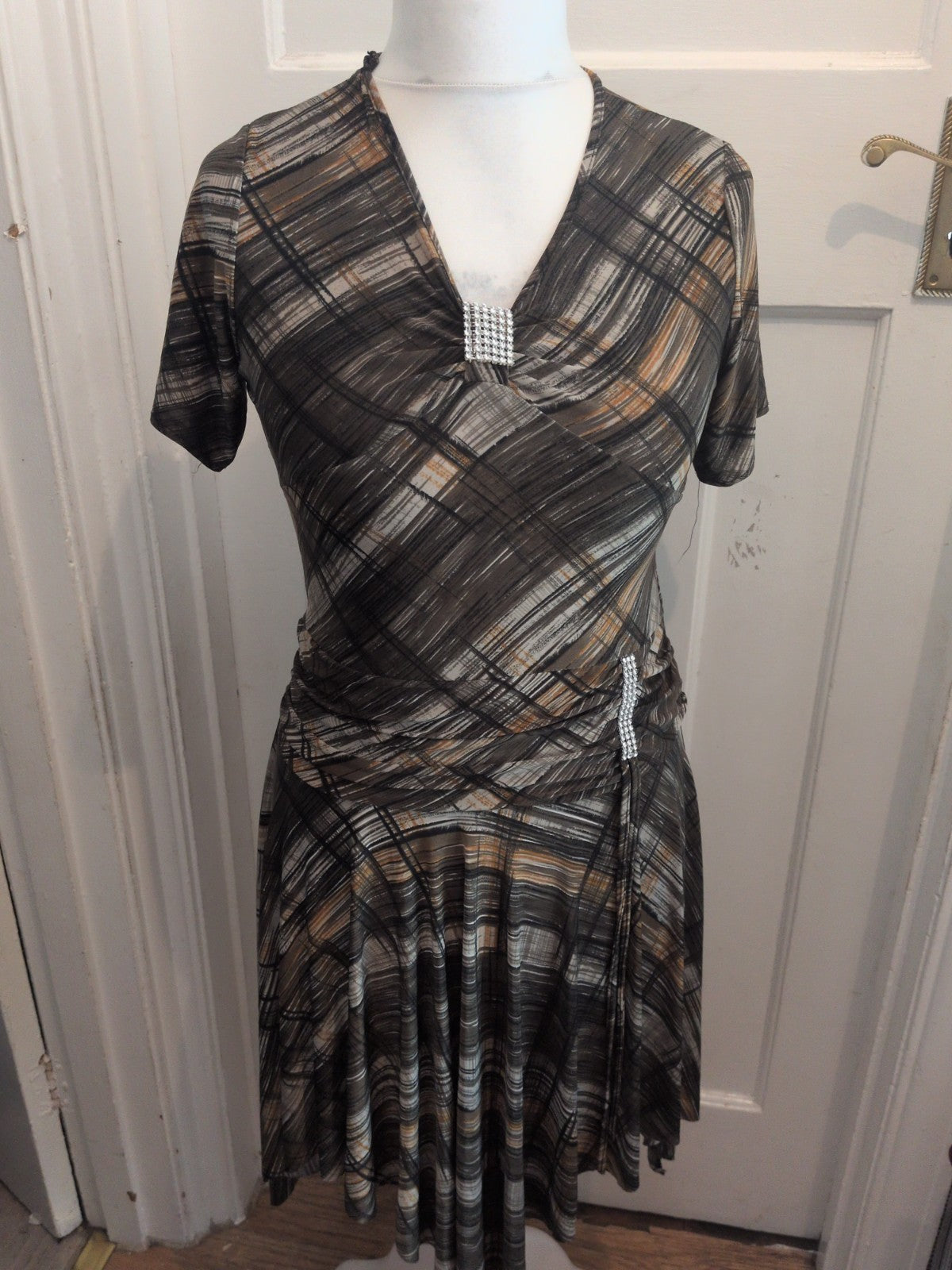 Medium Brown/Tan/Black Short Sleeve Fit And Flare Midi Dress
