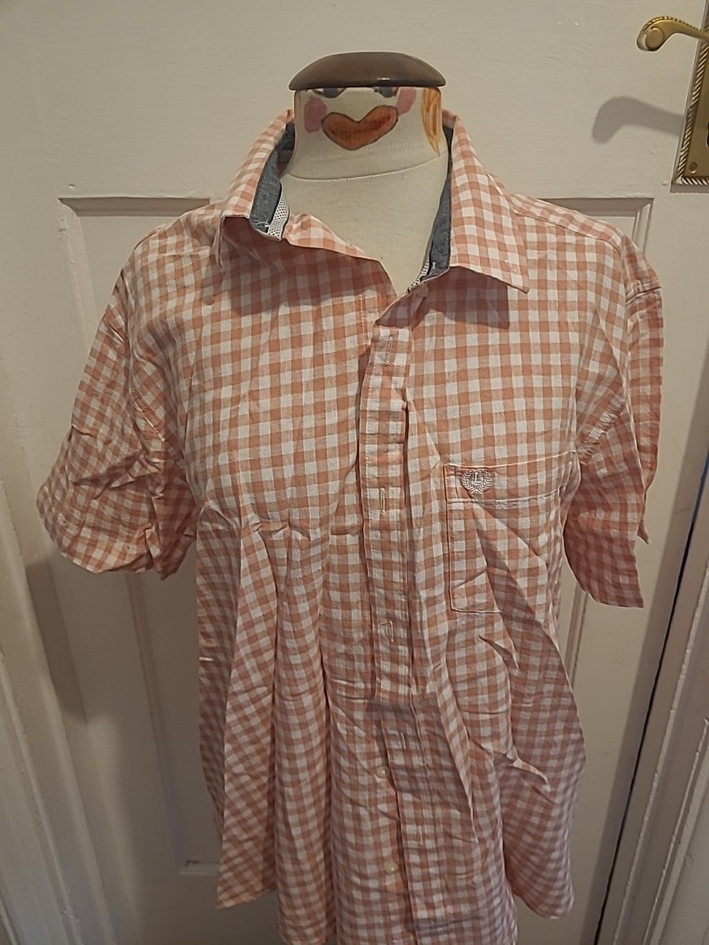 Mens Lincoln Size Large Pink And White Check Shirt Short Sleeved