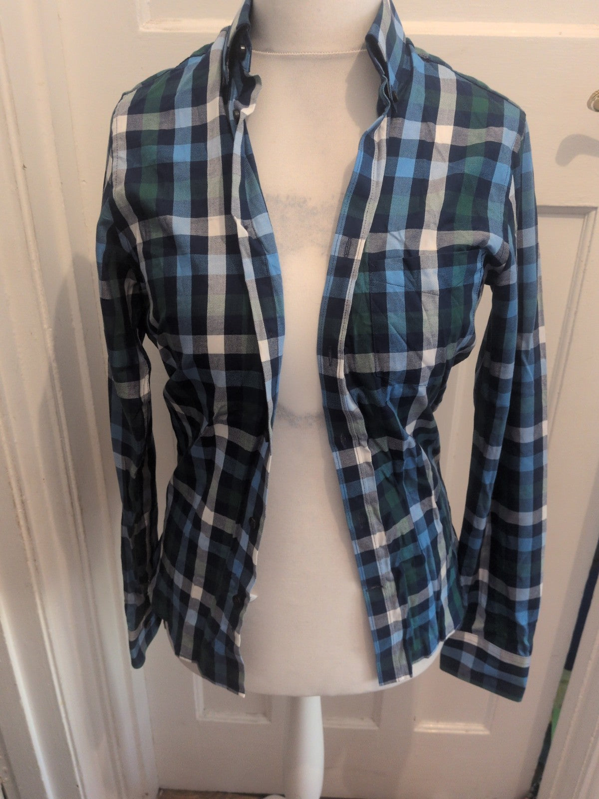 Tm Lewin XS Blue Green White Check Long Sleeve Shirt