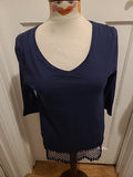 Ladies George Size 10 Navy Long Sleeved With Lace Hem Tshirt